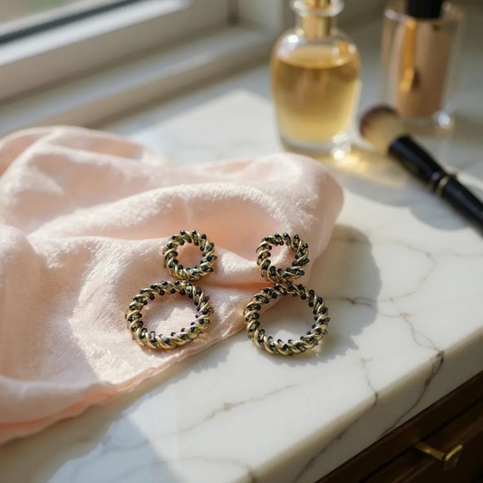 Twisted Double Hoop Earrings – Midnight Gold Elegance