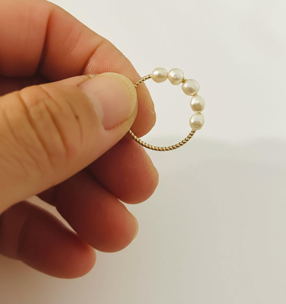 Gold Beaded Pearl Ring – Size 8