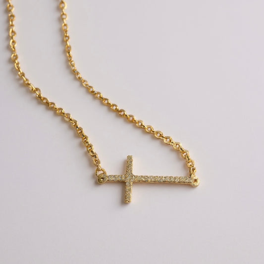 Gold Filled Cross Necklace with CZ – 16” Dainty Faith Jewelry