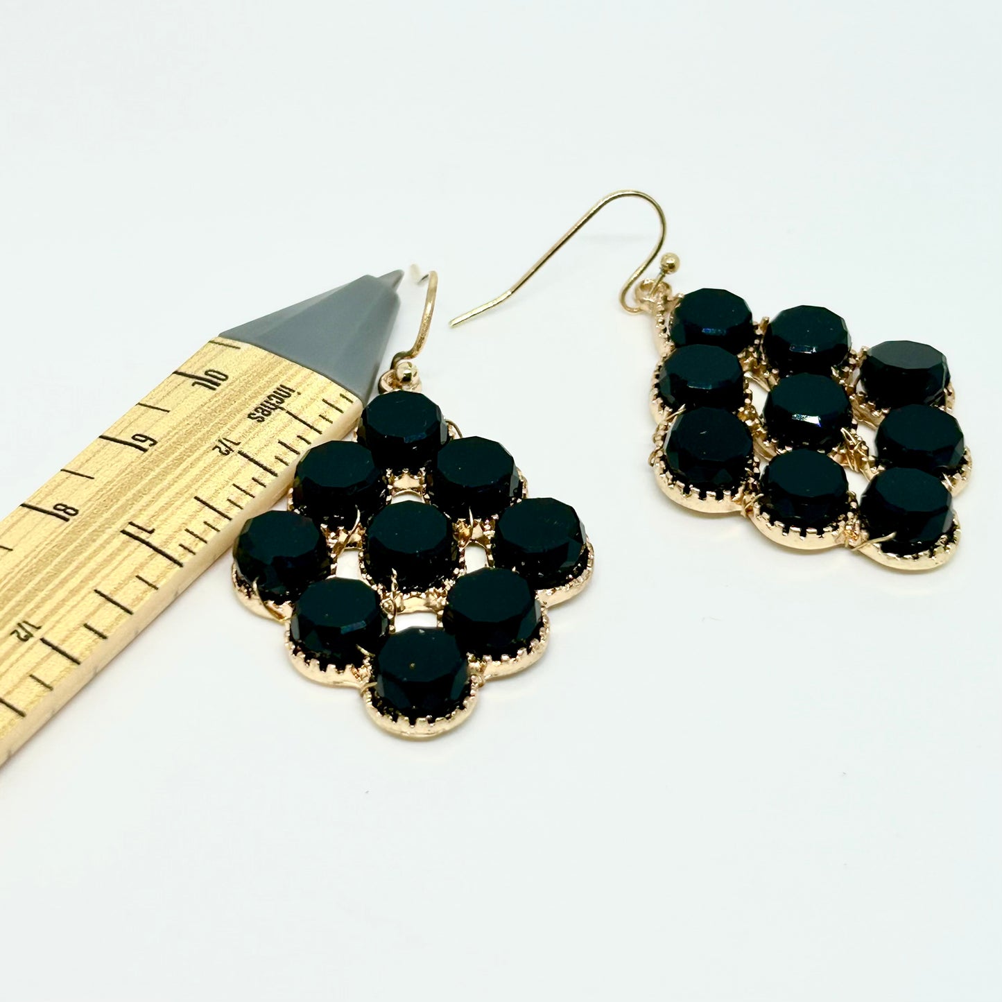 🖤 Black Cluster Drop Earrings – Elegant Gold Detailing