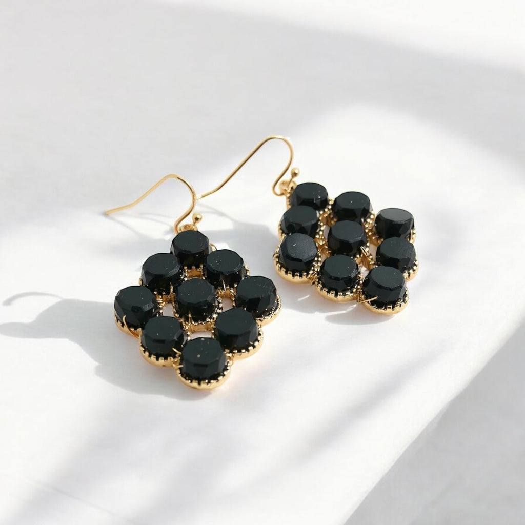 🖤 Black Cluster Drop Earrings – Elegant Gold Detailing