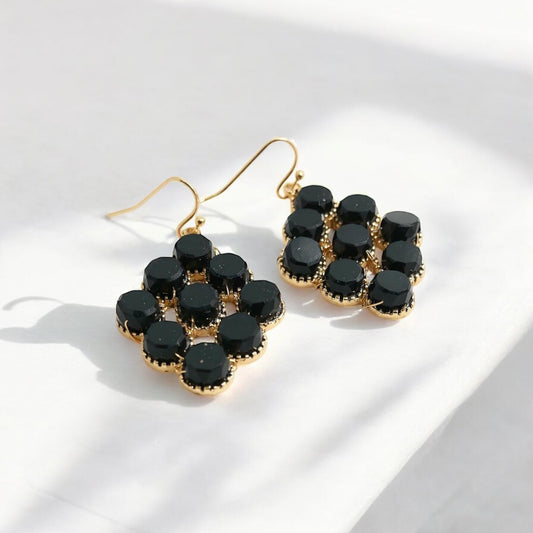 🖤 Black Cluster Drop Earrings – Elegant Gold Detailing