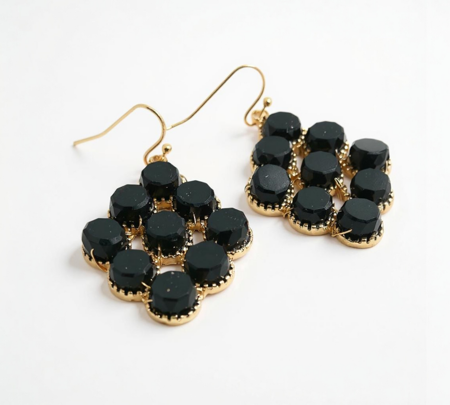 🖤 Black Cluster Drop Earrings – Elegant Gold Detailing
