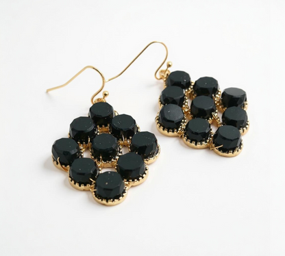 🖤 Black Cluster Drop Earrings – Elegant Gold Detailing