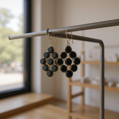 🖤 Black Cluster Drop Earrings – Elegant Gold Detailing