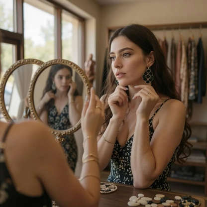 🖤 Black Cluster Drop Earrings – Elegant Gold Detailing