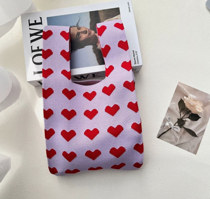 Heart Prints Small Knit Tote Wrist Bag, Portable Knot Sleeve Handle Bag Cute Wristlet Pouch Purse