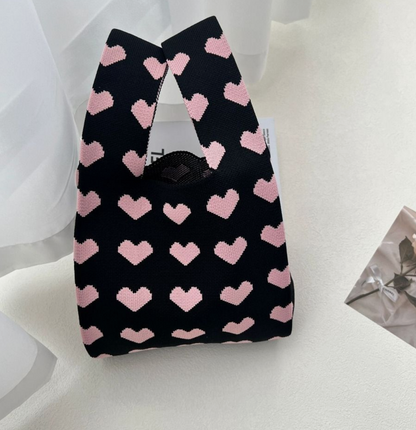 Heart Prints Small Knit Tote Wrist Bag, Portable Knot Sleeve Handle Bag Cute Wristlet Pouch Purse