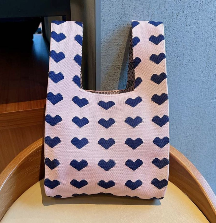 Heart Prints Small Knit Tote Wrist Bag, Portable Knot Sleeve Handle Bag Cute Wristlet Pouch Purse