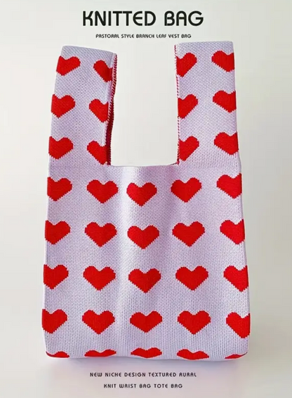 Heart Prints Small Knit Tote Wrist Bag, Portable Knot Sleeve Handle Bag Cute Wristlet Pouch Purse