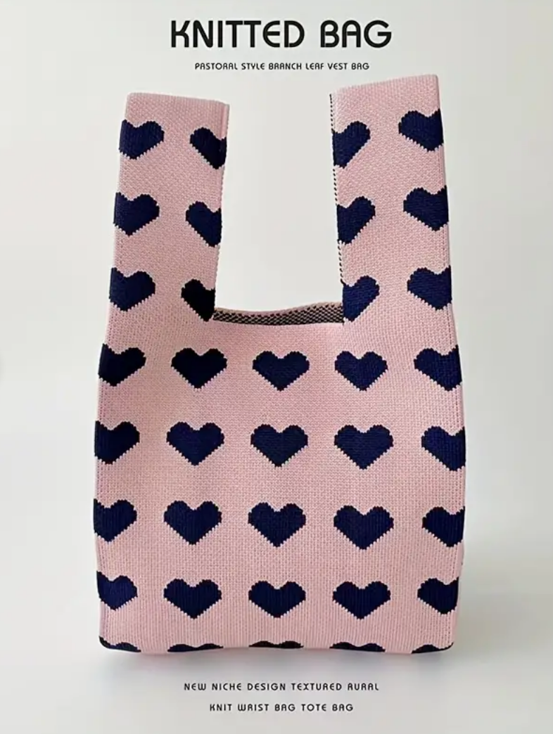 Heart Prints Small Knit Tote Wrist Bag, Portable Knot Sleeve Handle Bag Cute Wristlet Pouch Purse