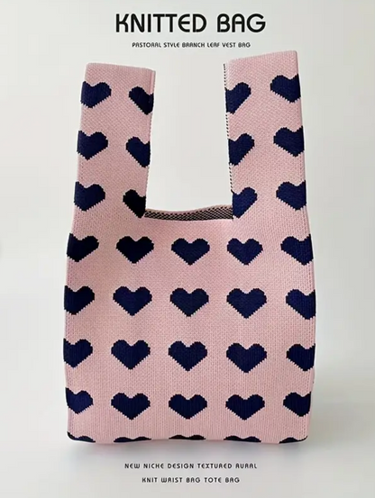 Heart Prints Small Knit Tote Wrist Bag, Portable Knot Sleeve Handle Bag Cute Wristlet Pouch Purse