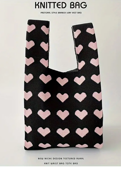 Heart Prints Small Knit Tote Wrist Bag, Portable Knot Sleeve Handle Bag Cute Wristlet Pouch Purse
